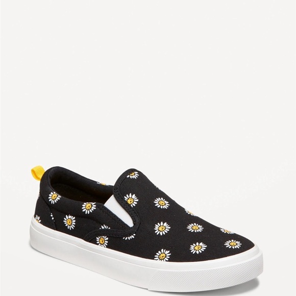 Kids Black Slip-On Canvas Shoes with Daisy Print - Picture 3 of 9